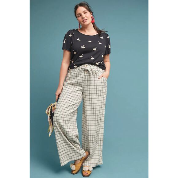 Anthropologie Cream Windowpane Linen Plaid Wide Leg Pant Size 0 - Picture 3 of 11